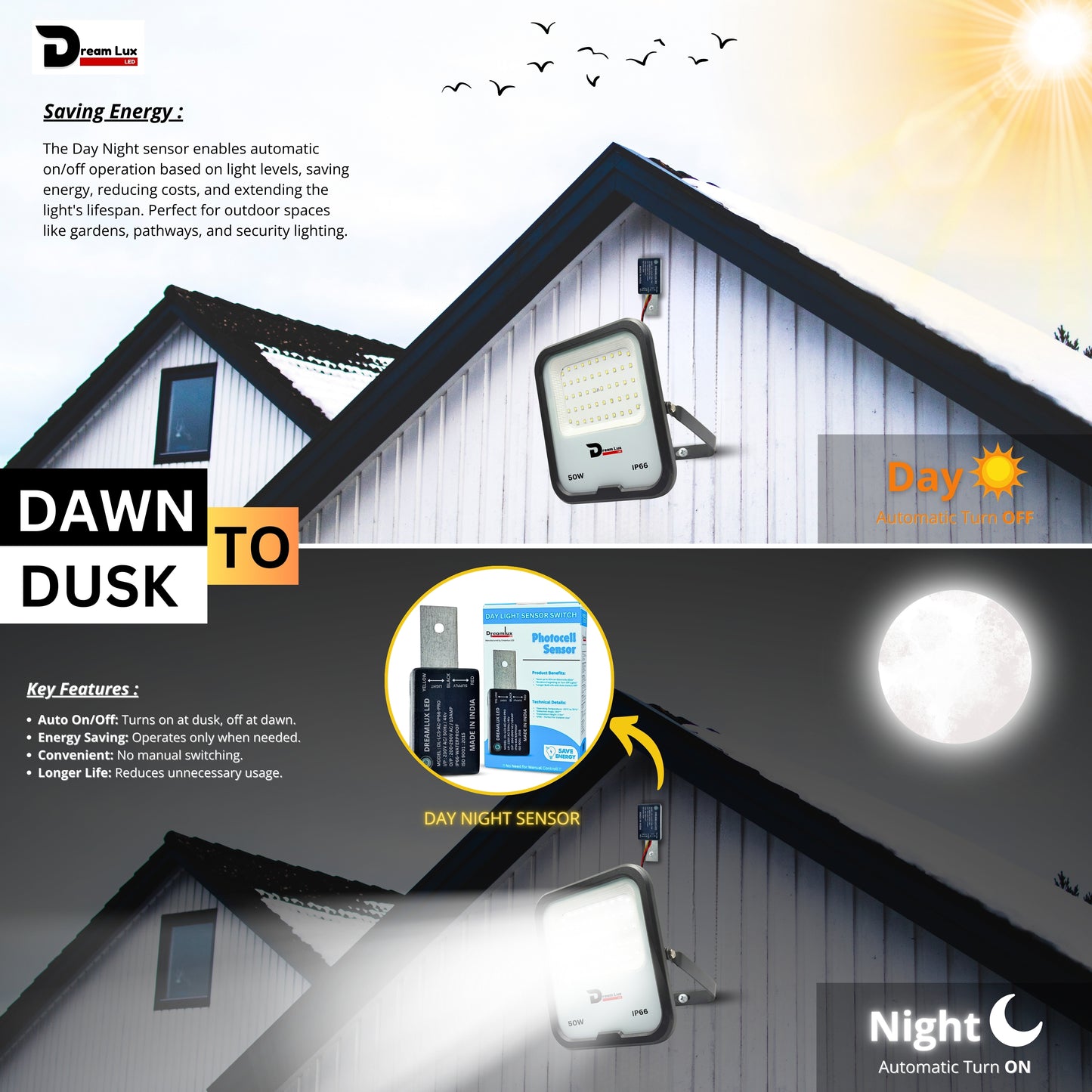 Dreamlux 50W LED Flood Light with Dusk to Dawn Sensor | Cool White 6500K | Automatic Day-Night On/Off | IP66 Waterproof, 6Kv Surge Protection Focus Light for Garden & Shop (50W, LDR Sensor)