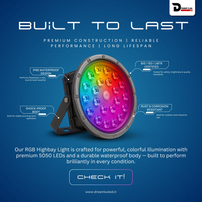 Dreamlux 100W RGB LED Highbay Light | Remote Controlled Disco Light | IP66 Waterproof | 6kV Surge Protection | Lens Model | OSRAM Chips | 150-160LM/W | OVP UVP SCP | BIS Certified (RGB PAR LIGHT)