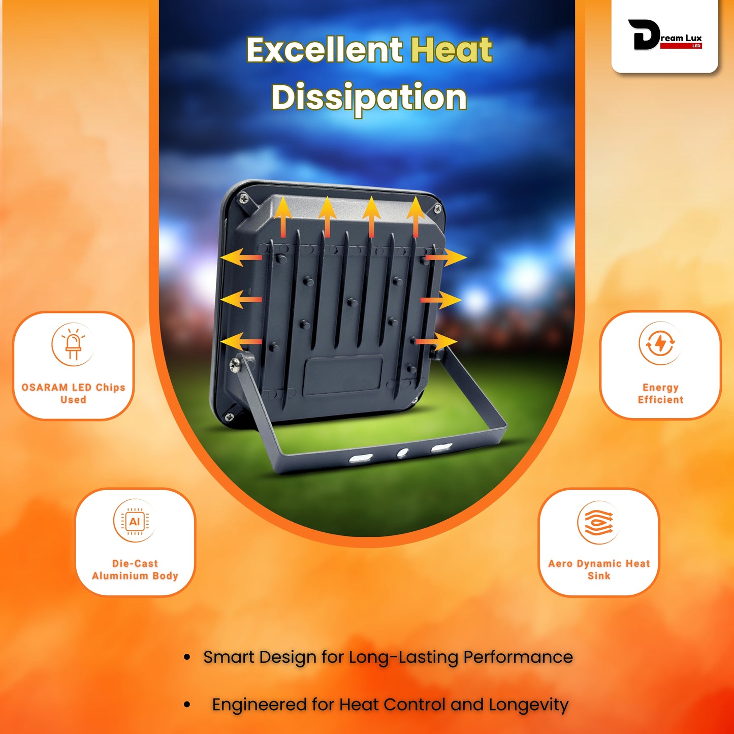 Dreamlux 60 Watt Light Down Chock | Outdoor Flood Lights IP66 Waterproof | Flood Light | Focus Lights | Ultra Bright | Aluminium Body | 85% Energy Saving,Durability (60W Orange Color)