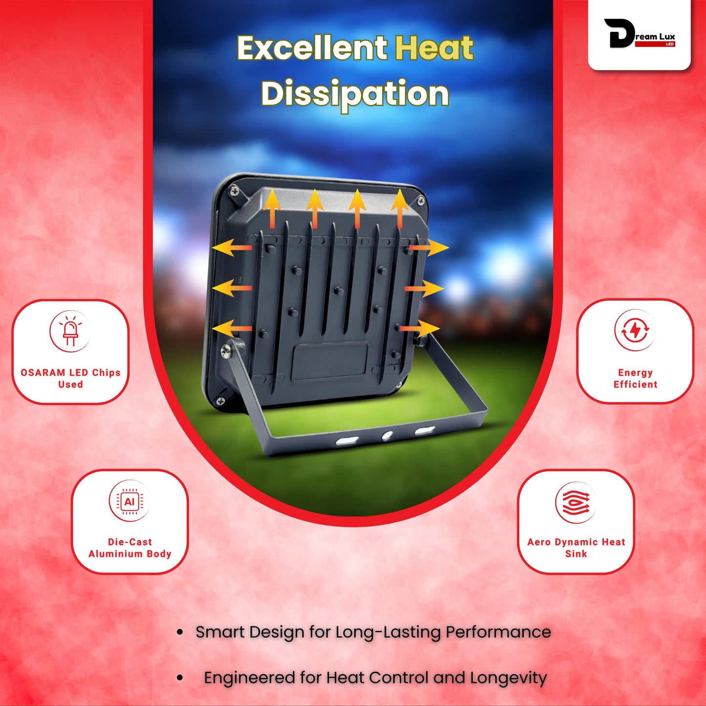 Dreamlux 60 Watt Light Down Chock | Outdoor Flood Lights IP66 Waterproof | Flood Light | Focus Lights | Ultra Bright | Aluminium Body | 85% Energy Saving,Durability (60W RED Color)