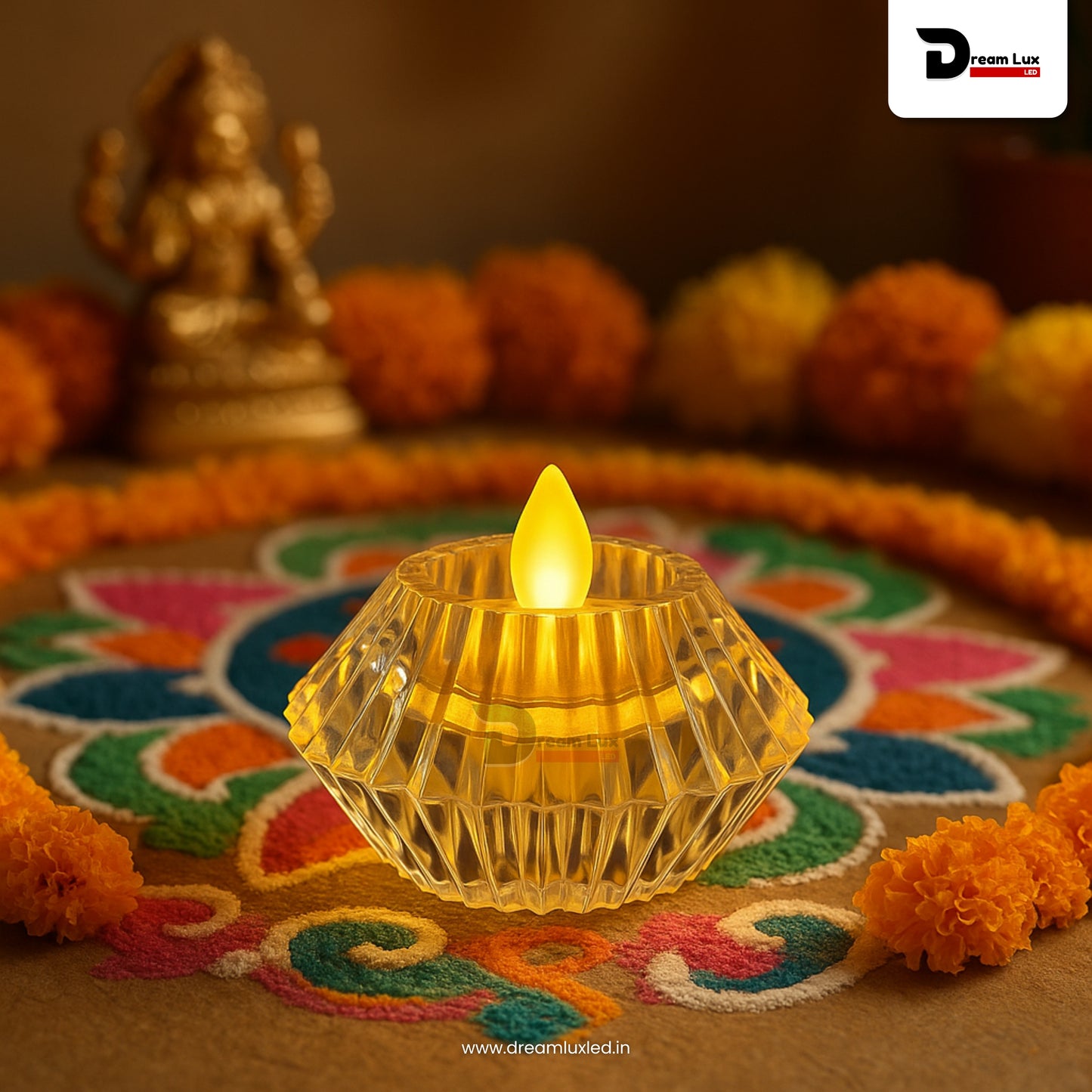 Dreamlux Round Crystal LED Diya| Smokeless Flameless Acrylic Tealight Candle | Battery Operated LED Diya Lights for Home Mandir, Puja & Diwali Decoration (Copy)