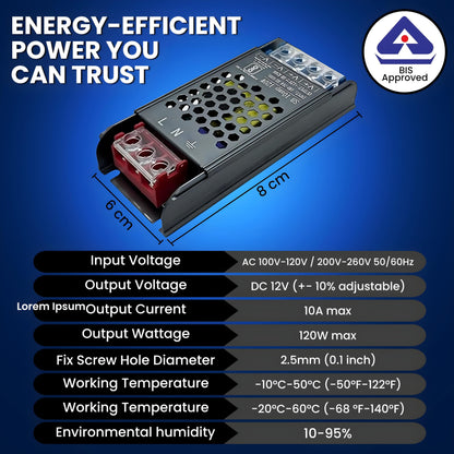 Dreamlux 12VOLT 10AMP 120WATT Switching Power Supply Universal Regulated Transformer, BIS Approved | LED Strip,CCTV cameras,audio amplifier,Indoor use | AC 110V-220V to DC 12V 10A