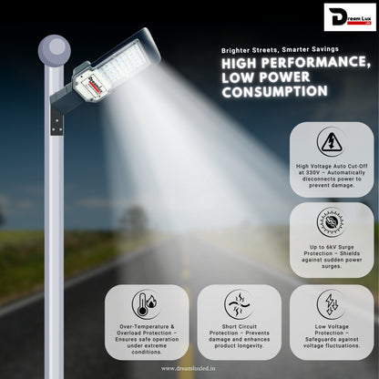 Dreamlux 50W LED Street Light with Lens Technology | IP66 Waterproof | Osram Chips | BIS Certified | Outdoor Light for Roads, Gardens, Factories & More (Warm White, 50 Watts)