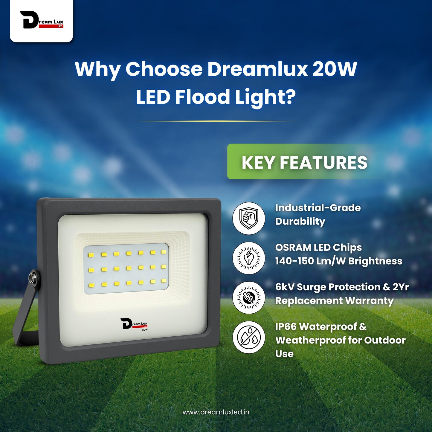 Dreamlux 20W LED Flood Light | IP66 Waterproof Indoor & Outdoor Focus Light for Decoration, Energy-Efficient Halogen Light, Lighting Fixtures for Wall & Home, Color : Green