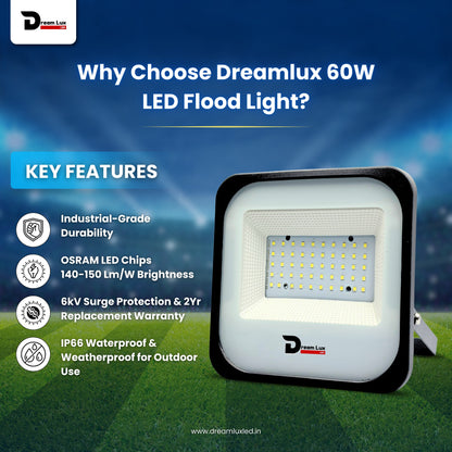 Dreamlux 60 Watt Light Down Chock | Outdoor Flood Lights IP66 Waterproof | Flood Light | Focus Lights | Ultra Bright | Aluminium Body | 85% Energy Saving,Durability (60W Cool White Color)