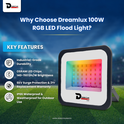 Dreamlux 100Watts RGB 2835 LED Flood Light, LDR Sensor, Dusk to Dawn Sensor, Aluminium Housing, 16 Colours & 4 Modes, IP66 Waterproof, 2 Years Warranty (100W RGB with LDR Sensor)