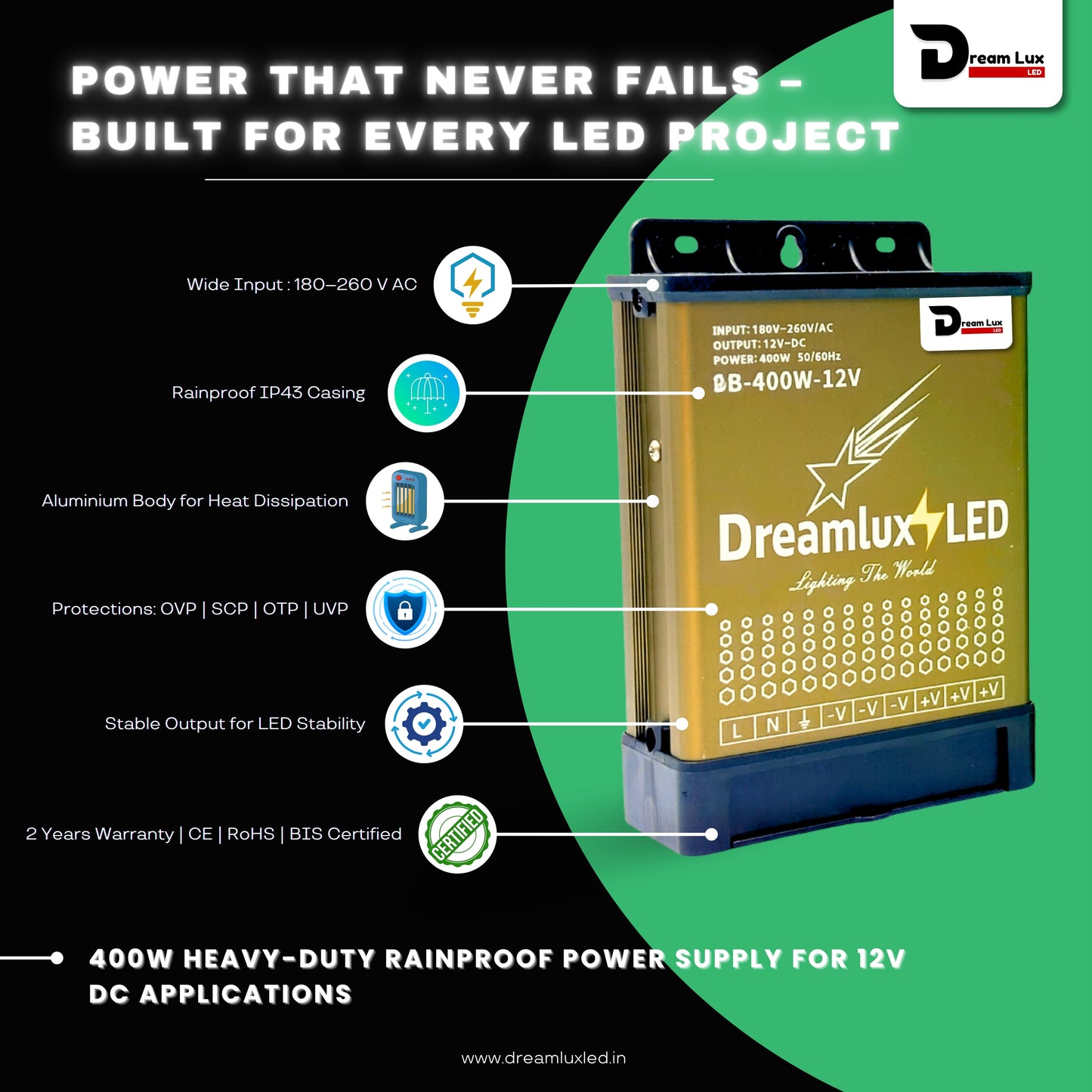 Dreamlux 12V DC Power Supply 400W 33.3A RAIN Proof SMPS 180-264V 50/60Hz AC to 12V DC Converter | IP43 Waterproof, DC Switching Switch for Power SupplyStrip,LED Panels,CCTV