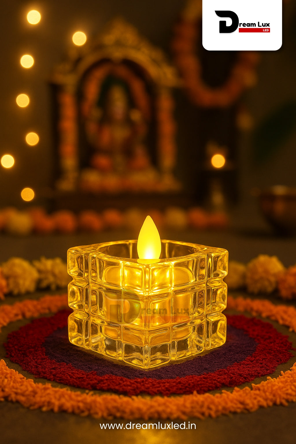 Dreamlux Square Crystal LED Diya | Smokeless Flameless Acrylic Tealight Candle | Battery Operated LED Diya Lights for Home Mandir, Puja & Diwali Decoration