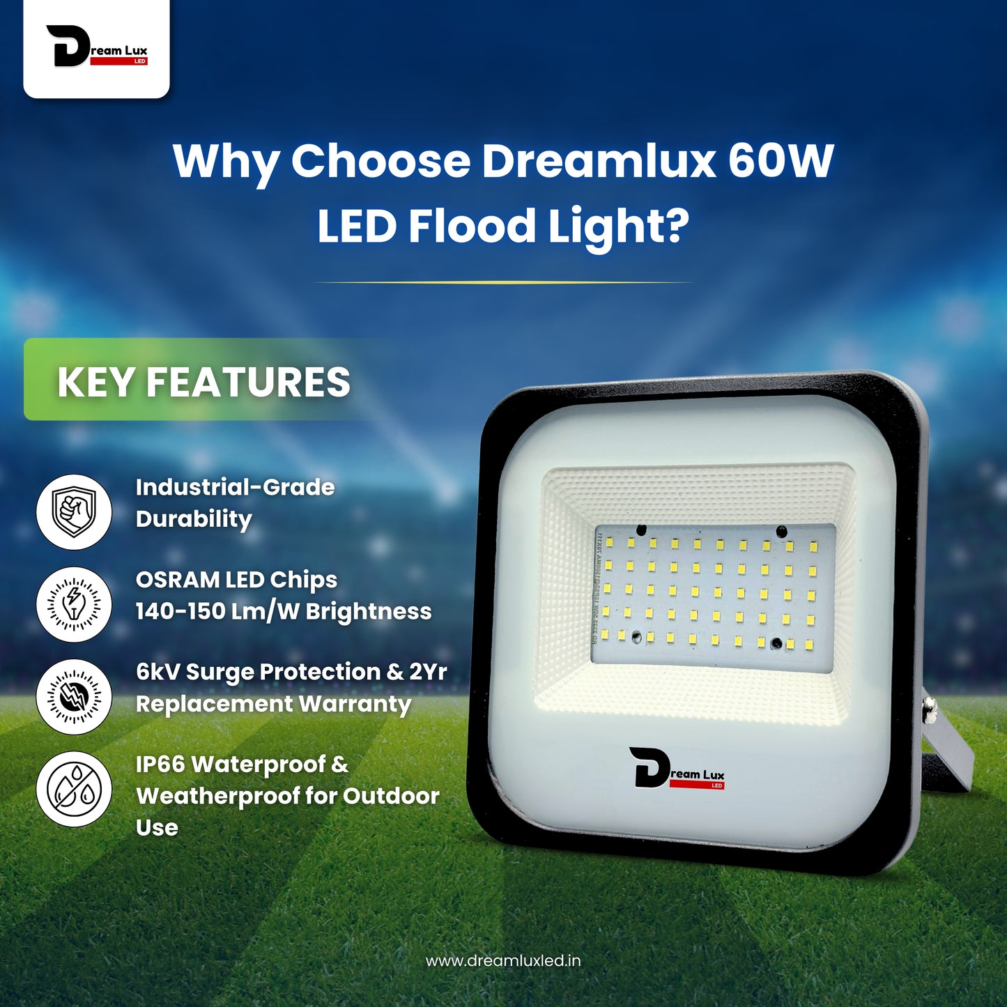 Dreamlux 60 Watt Light Down Chock | Outdoor Flood Lights IP66 Waterproof | Flood Light | Focus Lights | Ultra Bright | Aluminium Body | 85% Energy Saving,Durability (60W Blue Color)