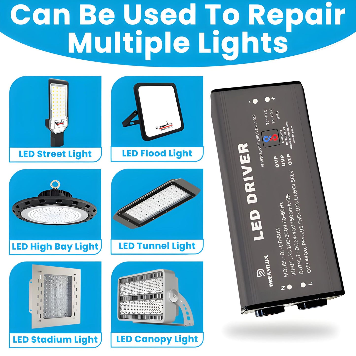 Dreamlux 50watt 1500mA IP65 Led Driver With 6Kv Surge,OVP,UVP,OTP Protection for Street/Flood Light Repairing | BIS Approved | IP65 Waterproof - (Color : Black)