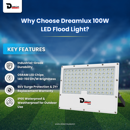 Dreamlux 100W LED Flood Light with Lens Technology | IP66 Waterproof, BIS Approved, 140-150lm/W, Outdoor Focus Light for Garden, Garage, Street- Cool White