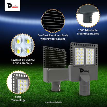 Dreamlux 100W LED Street Light with Back Cover LENS Technology | 5050 OSRAM LEDs | Wall Mount Clamp | IP66 Waterproof | 6kV Surge, UVP, OVP, LVP, SCP Protection | 190–200 LM/W | BIS/ISO Certified | 2 Year Warranty, Color : Cool White
