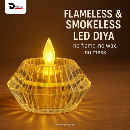 Dreamlux Round Crystal LED Diya| Smokeless Flameless Acrylic Tealight Candle | Battery Operated LED Diya Lights for Home Mandir, Puja & Diwali Decoration (Copy)