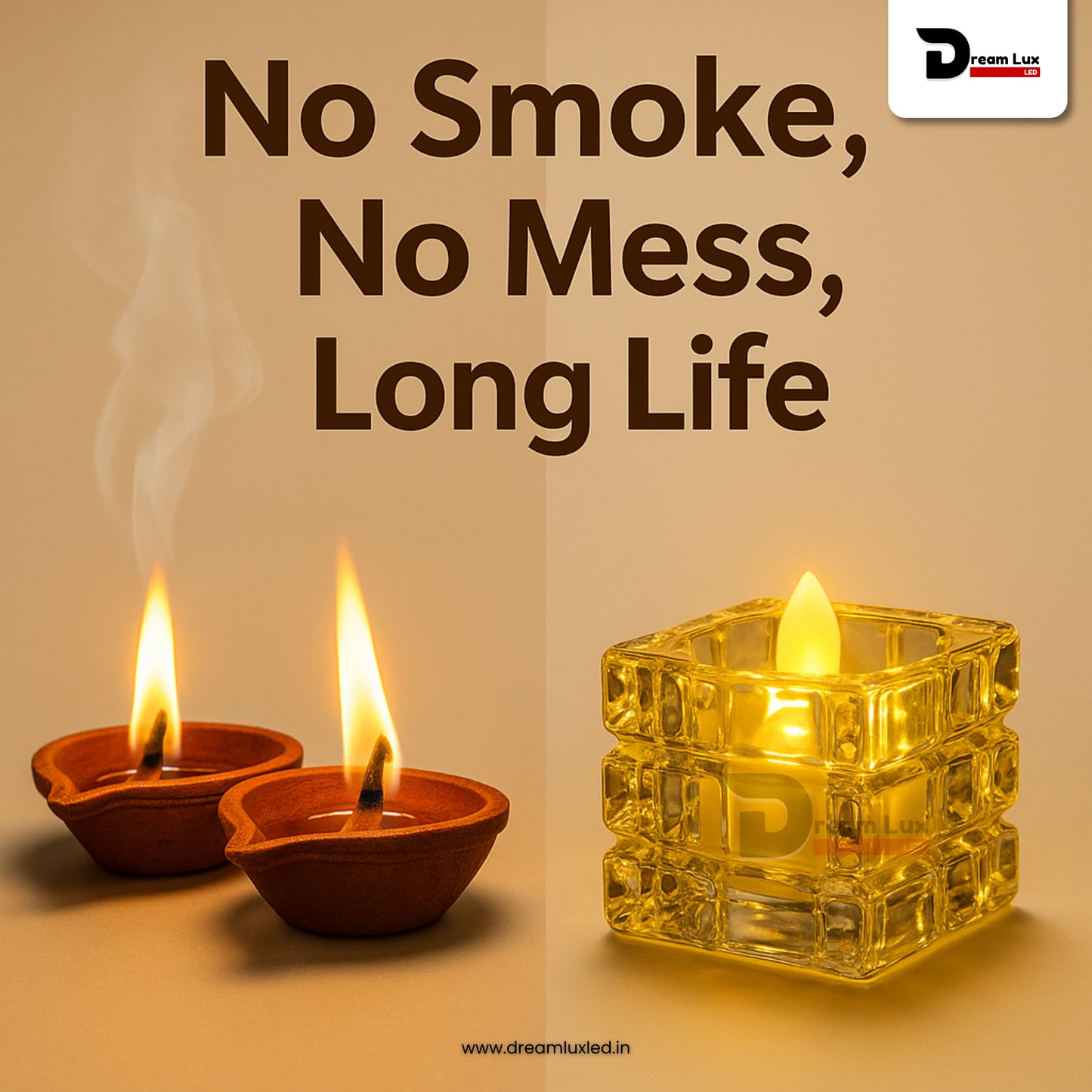 Dreamlux Square Crystal LED Diya | Smokeless Flameless Acrylic Tealight Candle | Battery Operated LED Diya Lights for Home Mandir, Puja & Diwali Decoration