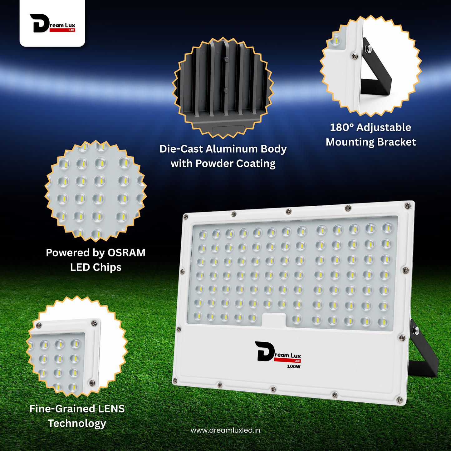 Dreamlux 100W LED Flood Light with Lens Technology | IP66 Waterproof, BIS Approved, 140-150lm/W, Outdoor Focus Light for Garden, Garage, Street- Cool White