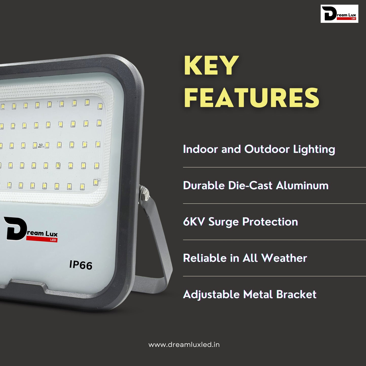 Dreamlux 50W LED Flood Light with Dusk to Dawn Sensor | Cool White 6500K | Automatic Day-Night On/Off | IP66 Waterproof, 6Kv Surge Protection Focus Light for Garden & Shop (50W, LDR Sensor)