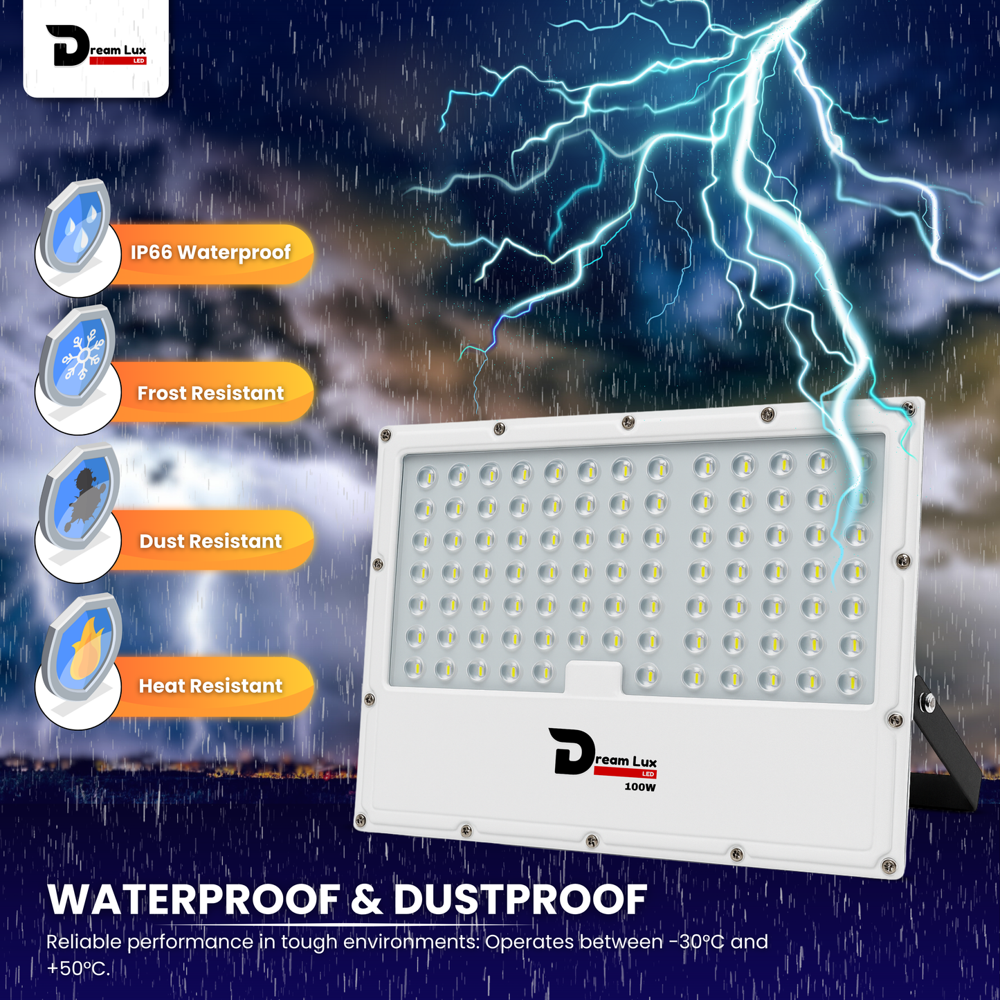 Dreamlux 100W LED Flood Light with Lens Technology | IP66 Waterproof, BIS Approved, 140-150lm/W, Outdoor Focus Light for Garden, Garage, Street- Cool White
