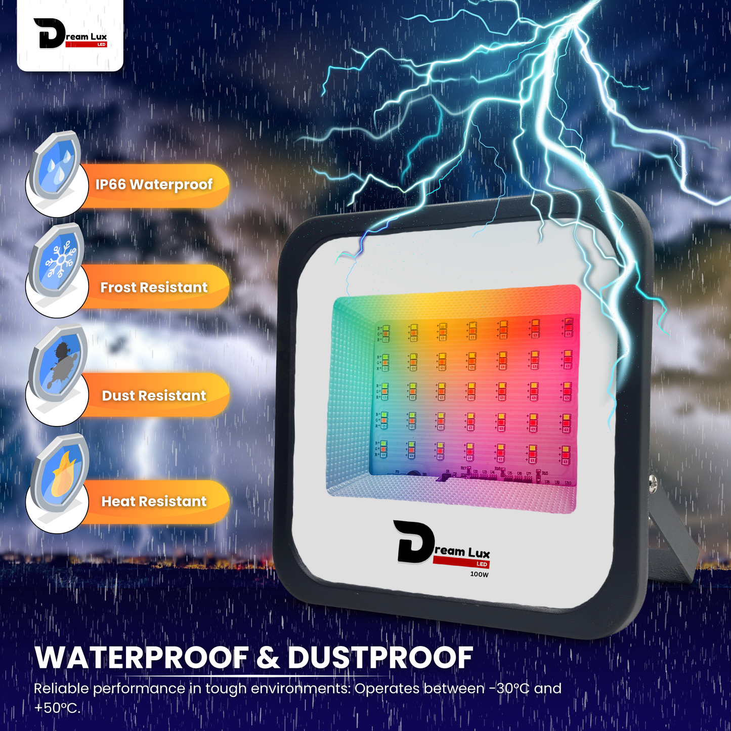 Dreamlux 100Watts RGB 2835 LED Flood Light, LDR Sensor, Dusk to Dawn Sensor, Aluminium Housing, 16 Colours & 4 Modes, IP66 Waterproof, 2 Years Warranty (100W RGB with LDR Sensor)