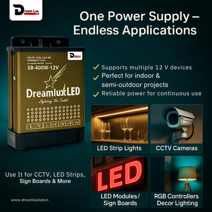 Dreamlux 12V DC Power Supply 400W 33.3A RAIN Proof SMPS 180-264V 50/60Hz AC to 12V DC Converter | IP43 Waterproof, DC Switching Switch for Power SupplyStrip,LED Panels,CCTV