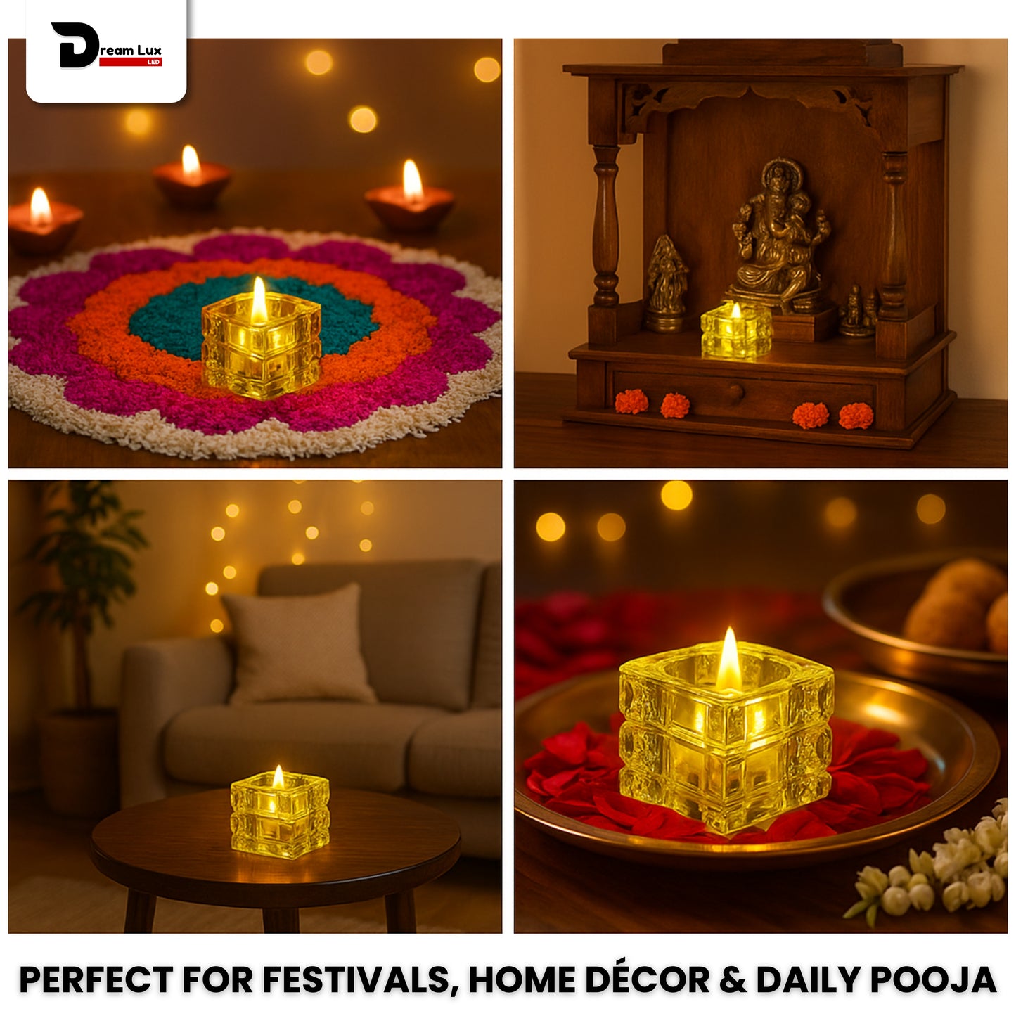 Dreamlux Square Crystal LED Diya | Smokeless Flameless Acrylic Tealight Candle | Battery Operated LED Diya Lights for Home Mandir, Puja & Diwali Decoration