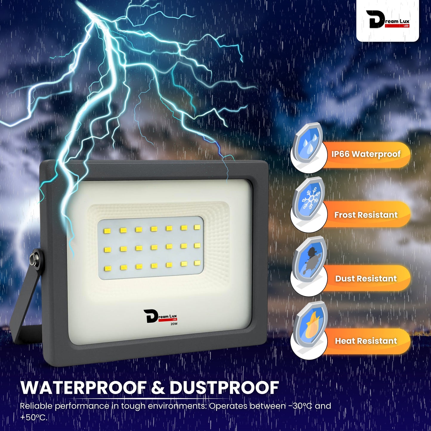 Dreamlux 20W LED Flood Light | IP66 Waterproof Indoor & Outdoor Focus Light for Decoration, Energy-Efficient Halogen Light, Lighting Fixtures for Wall & Home, Color : Warm White