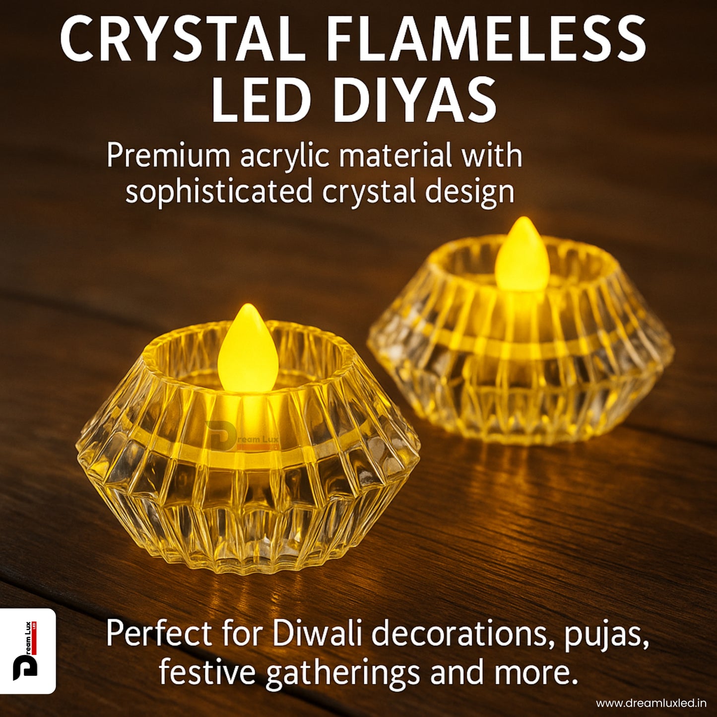 Dreamlux Round Crystal LED Diya| Smokeless Flameless Acrylic Tealight Candle | Battery Operated LED Diya Lights for Home Mandir, Puja & Diwali Decoration (Copy)