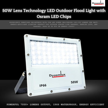 Dreamlux 50W LED Flood Light with Lens Technology | IP66 Waterproof, BIS Approved, 140-150lm/W, Outdoor Focus Light for Garden, Garage, Street-Cool White