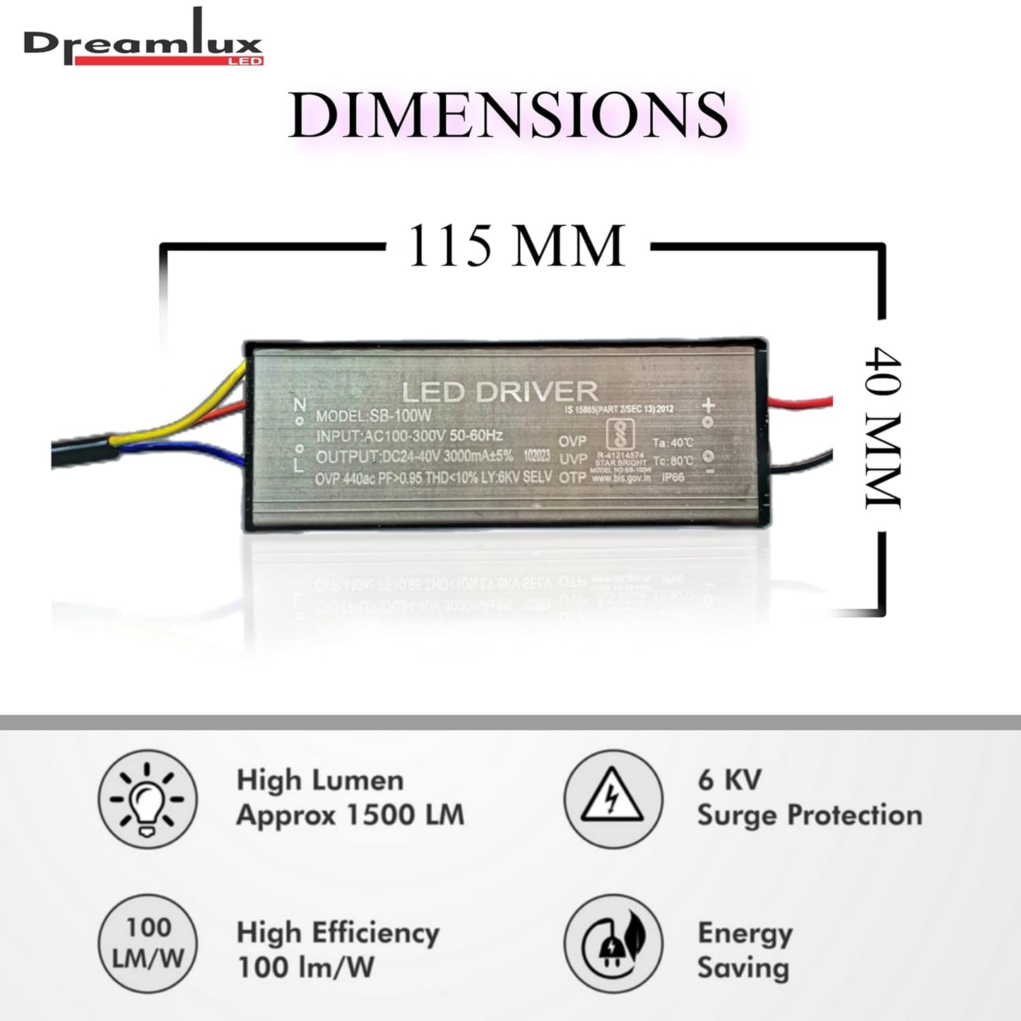 Dreamlux 100watt 3000mA IP66 Led Driver With 2-Year Warranty and 6Kv Surge,OVP,UVP,OTP Protection for Street/Flood Light Repairing (Color : Black)
