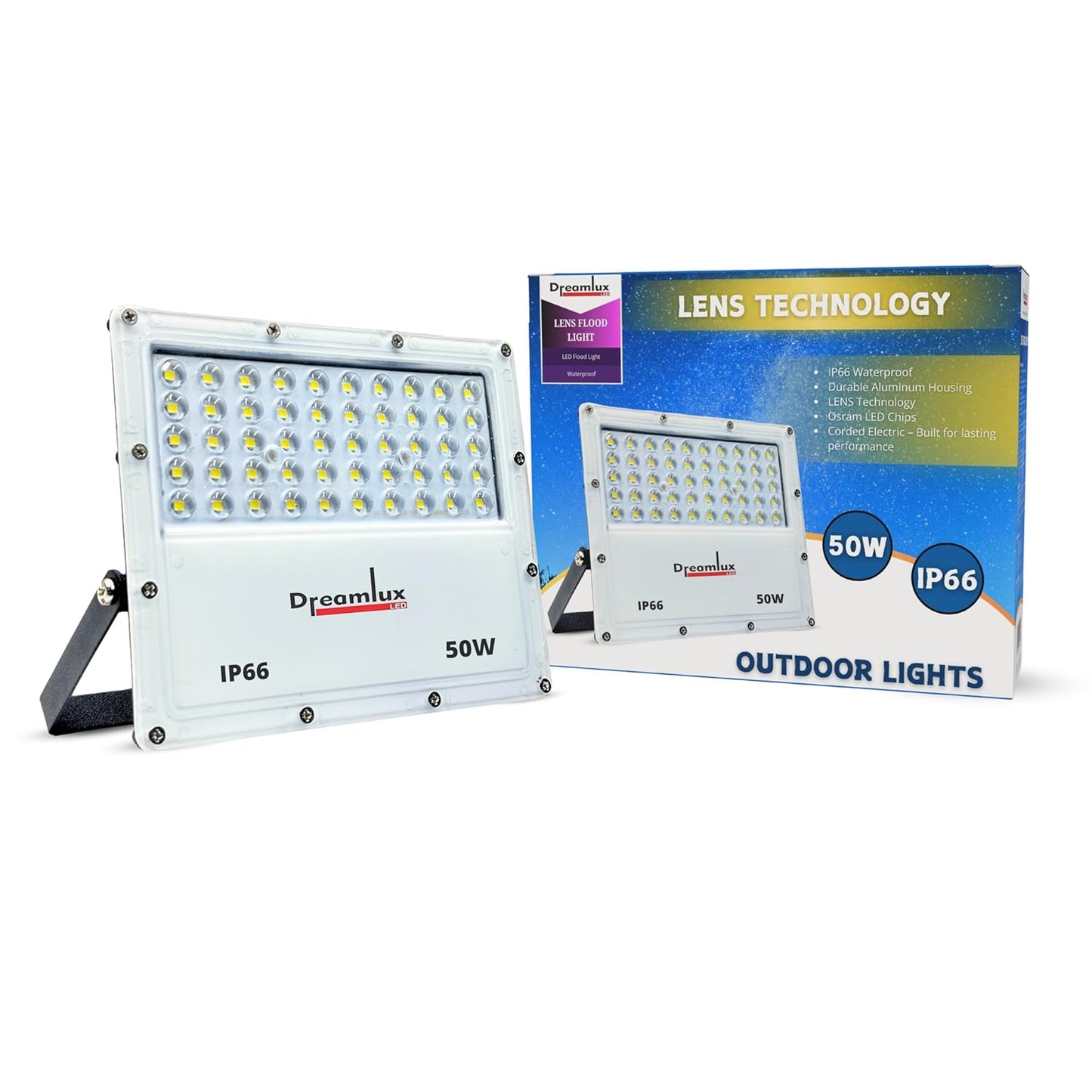 Dreamlux 50W LED Flood Light with Lens Technology | IP66 Waterproof, BIS Approved, 140-150lm/W, Outdoor Focus Light for Garden, Garage, Street-Cool White