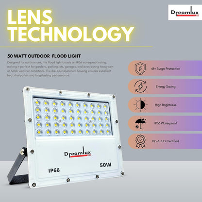 Dreamlux 50W LED Flood Light with Lens Technology | IP66 Waterproof, BIS Approved, 140-150lm/W, Outdoor Focus Light for Garden, Garage, Street-Cool White