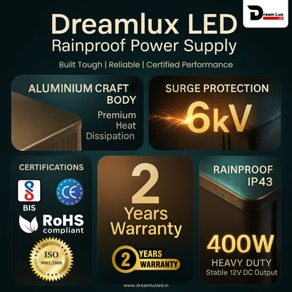 Dreamlux 12V DC Power Supply 400W 33.3A RAIN Proof SMPS 180-264V 50/60Hz AC to 12V DC Converter | IP43 Waterproof, DC Switching Switch for Power SupplyStrip,LED Panels,CCTV