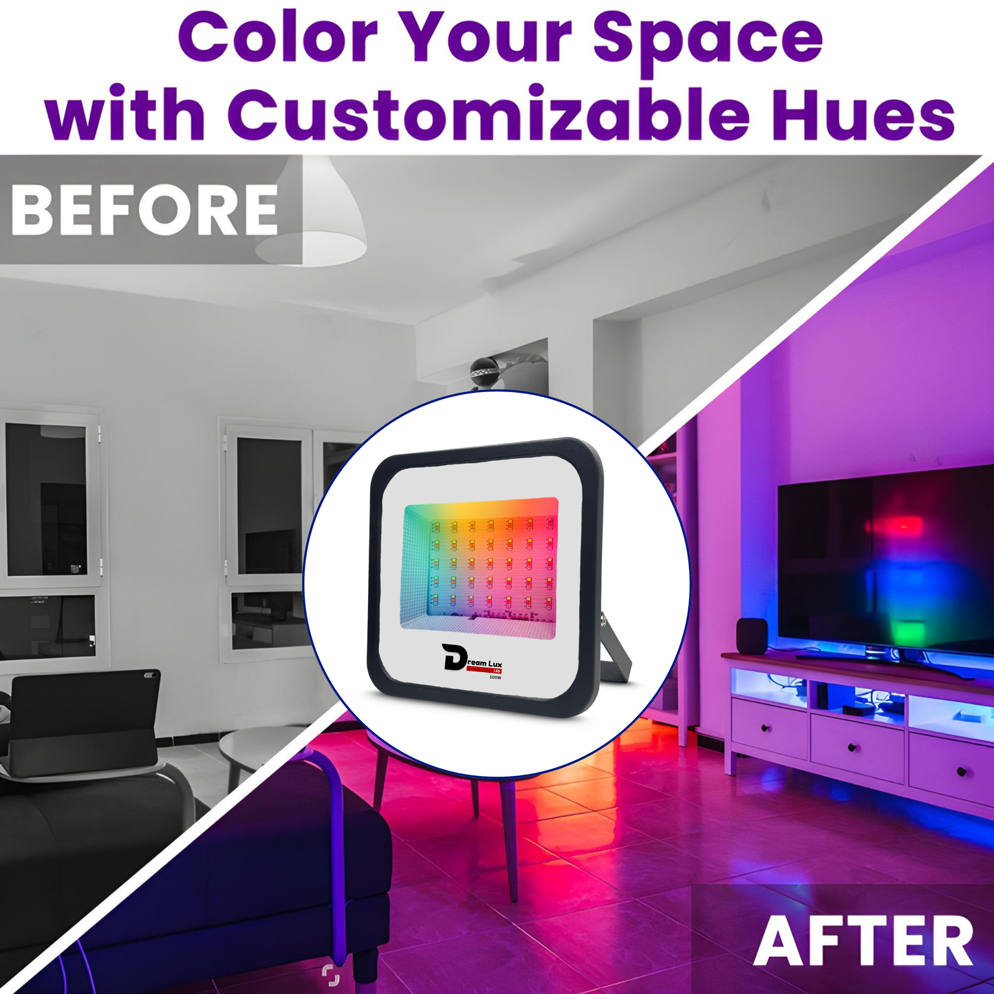 Dreamlux 100Watts RGB 2835 LED Flood Light, LDR Sensor, Dusk to Dawn Sensor, Aluminium Housing, 16 Colours & 4 Modes, IP66 Waterproof, 2 Years Warranty (100W RGB with LDR Sensor)