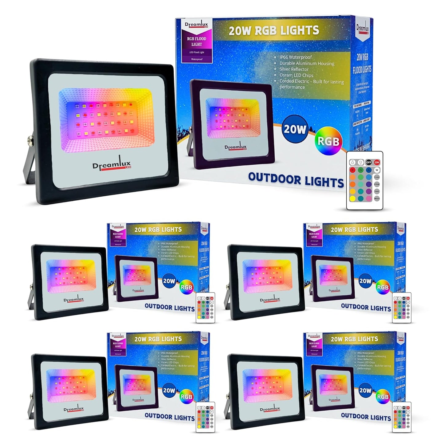 Dreamlux 20 Watt RGB Flood Light Down Chock with Remote Control for Home | Outdoor Lights IP66 Waterproof Decoration Light, DJ Light, Aluminium Body