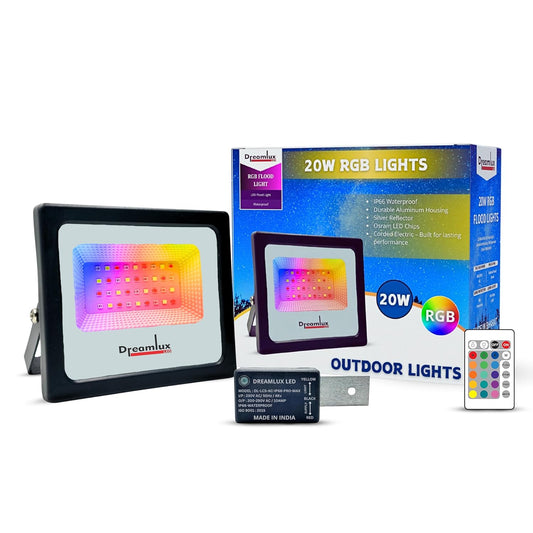 Dreamlux 20W RGB LED Flood Light with Day-Night Sensor, Remote Control | IP66 Waterproof Outdoor & Indoor Decoration Light, DJ Party Light, 2-Year Warranty, BIS Approved