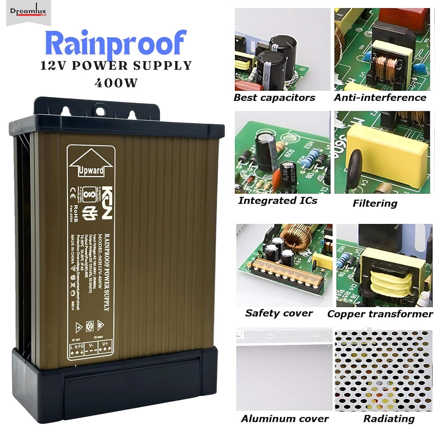Dreamlux 12V DC Power Supply 400W 33.3A RAIN Proof SMPS 180-264V 50/60Hz AC to 12V DC Converter | IP43 Waterproof, DC Switching Switch for Power SupplyStrip,LED Panels,CCTV