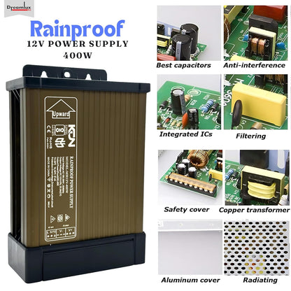 Dreamlux 12V DC Power Supply 400W 33.3A RAIN Proof SMPS 180-264V 50/60Hz AC to 12V DC Converter | IP43 Waterproof, DC Switching Switch for Power SupplyStrip,LED Panels,CCTV