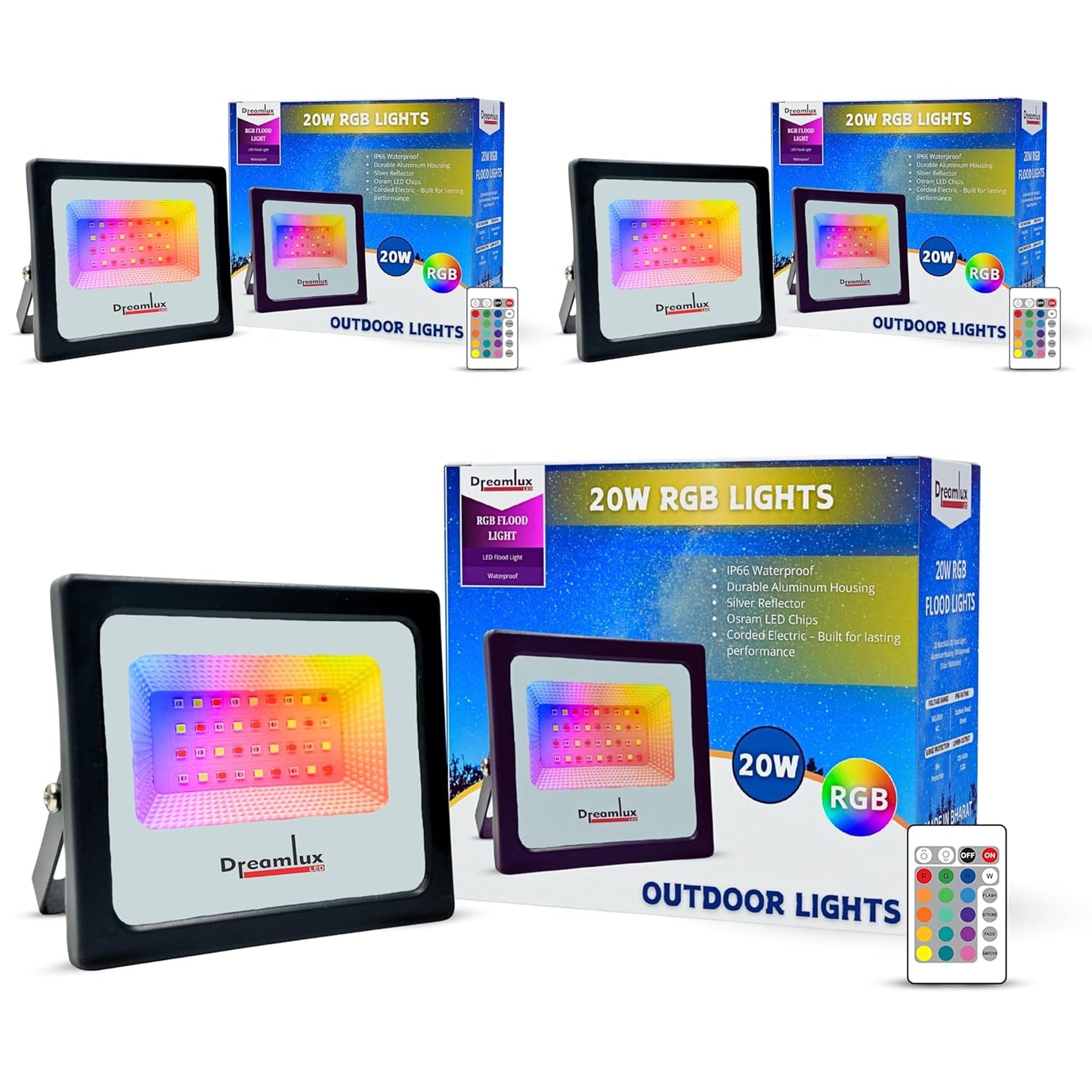 Dreamlux 20 Watt RGB Flood Light Down Chock with Remote Control for Home | Outdoor Lights IP66 Waterproof Decoration Light, DJ Light, Aluminium Body