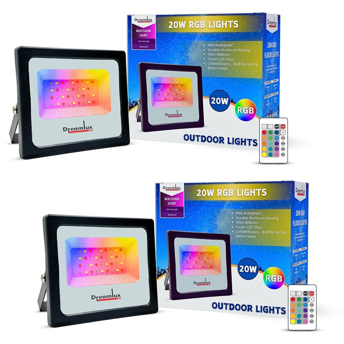 Dreamlux 20 Watt RGB Flood Light Down Chock with Remote Control for Home | Outdoor Lights IP66 Waterproof Decoration Light, DJ Light, Aluminium Body