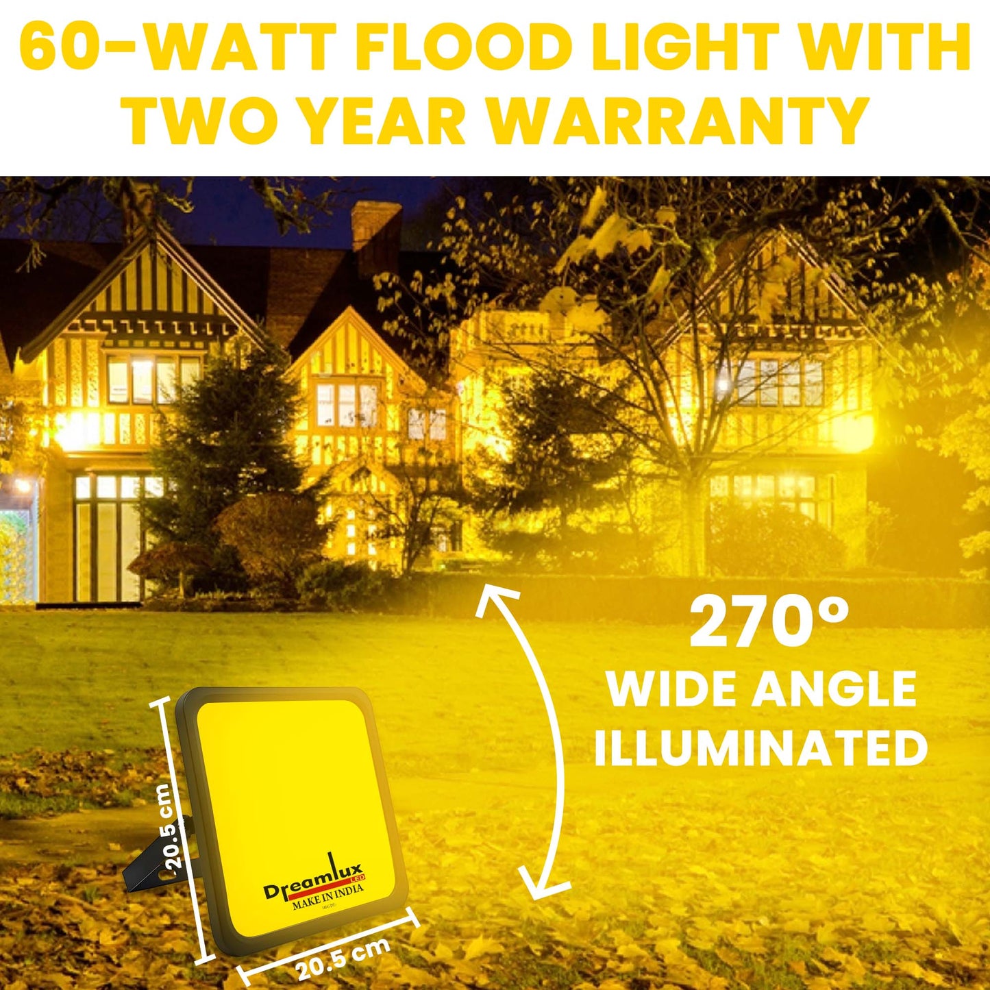 Dreamlux 60 Watt Light Down Chock | Outdoor Flood Lights IP66 Waterproof | Flood Light | Focus Lights | Ultra Bright | Aluminium Body | 85% Energy Saving,Durability (60W Warm White Color)