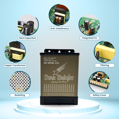 Dreamlux 12V DC Power Supply 400W 33.3A RAIN Proof SMPS 180-264V 50/60Hz AC to 12V DC Converter | IP43 Waterproof, DC Switching Switch for Power SupplyStrip,LED Panels,CCTV