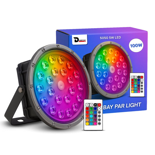 Dreamlux 100W RGB LED Highbay Light | Remote Controlled Disco Light | IP66 Waterproof | 6kV Surge Protection | Lens Model | OSRAM Chips | 150-160LM/W | OVP UVP SCP | BIS Certified (RGB PAR LIGHT)