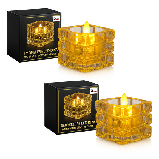 Dreamlux Square Crystal LED Diya | Smokeless Flameless Acrylic Tealight Candle | Battery Operated LED Diya Lights for Home Mandir, Puja & Diwali Decoration