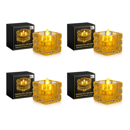 Dreamlux Square Crystal LED Diya | Smokeless Flameless Acrylic Tealight Candle | Battery Operated LED Diya Lights for Home Mandir, Puja & Diwali Decoration