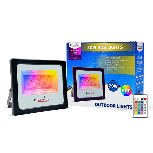 Dreamlux 20 Watt RGB Flood Light Down Chock with Remote Control for Home | Outdoor Lights IP66 Waterproof Decoration Light, DJ Light, Aluminium Body